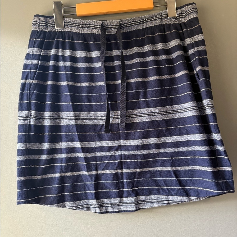 Roots Navy Striped Cotton Mini Skirt | Size M | Elastic Waist Drawstring - Picture 2 of 7